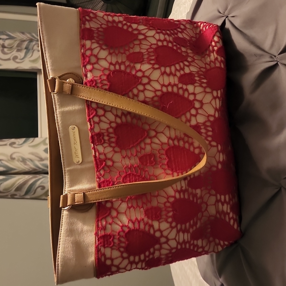 Betsey Johnson Pink Heart Crochet Canvas Tote